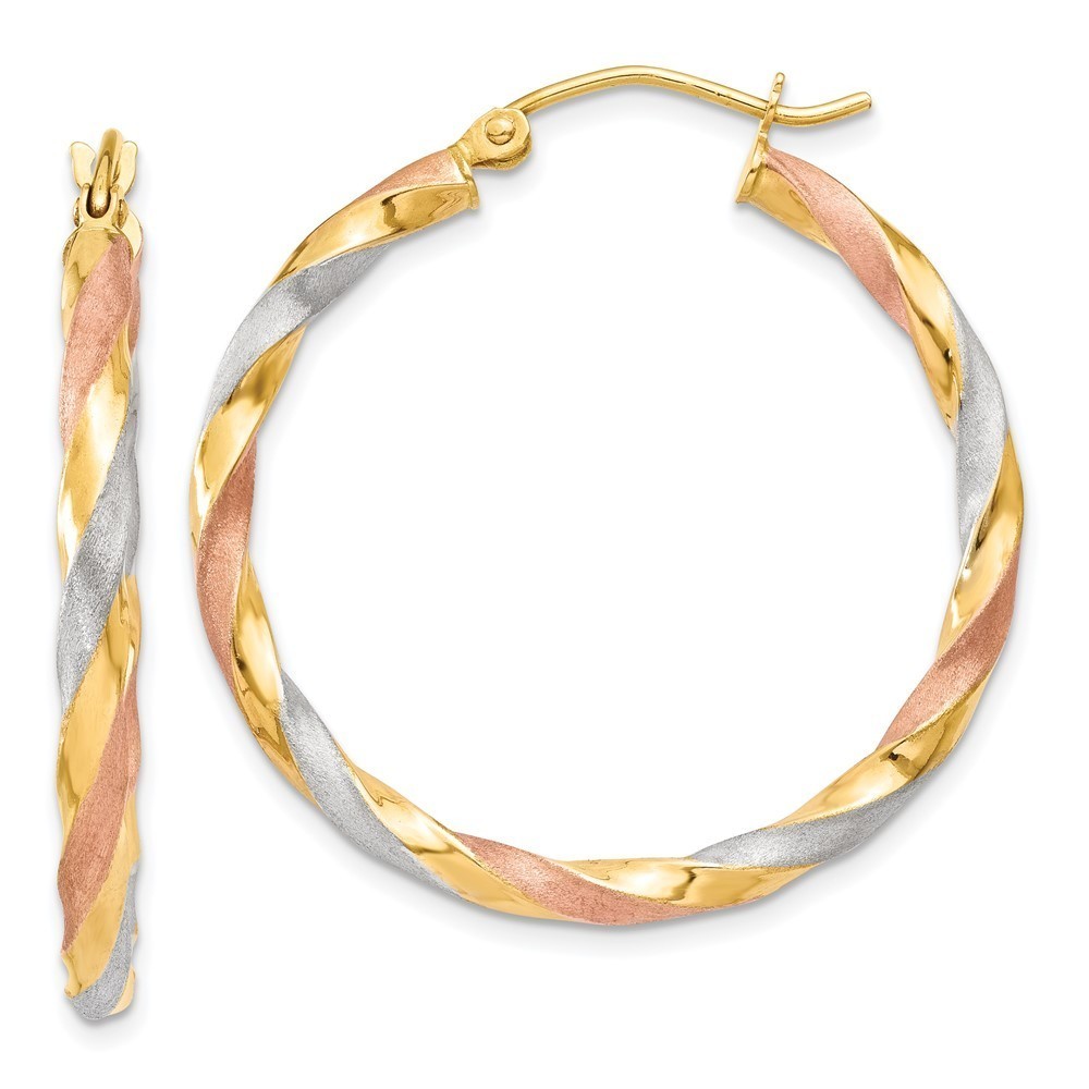 14k Yellow Gold White & Rose Rhodium Satin Twisted Hoop Earring 34 L x 30.5 mm W